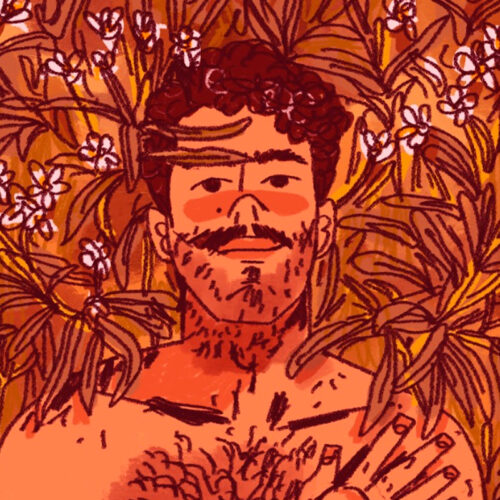 Ilustração de autor de Johncito. Um autorretrato do autor, em tons terrosos. Nele vemos o desenho de uma pessoa de pele marrom clara, com folhagens em volta. No desenho, possui bigode marcado e barba rala, está sem camisa e vemos pelos no peito.